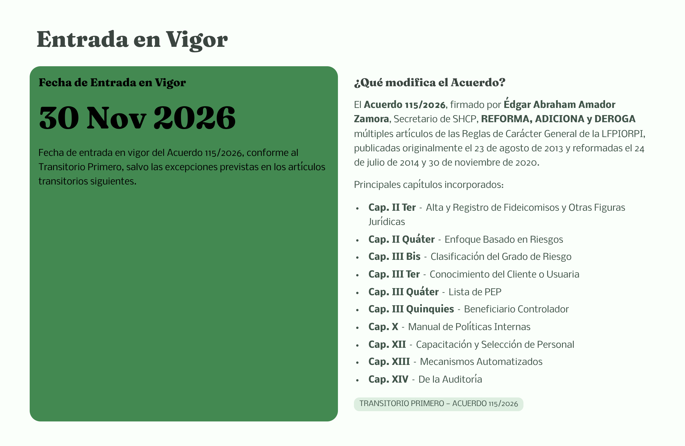 30 de noviembre de 2026, fecha de entrada en vigor general del Acuerdo 115/2026