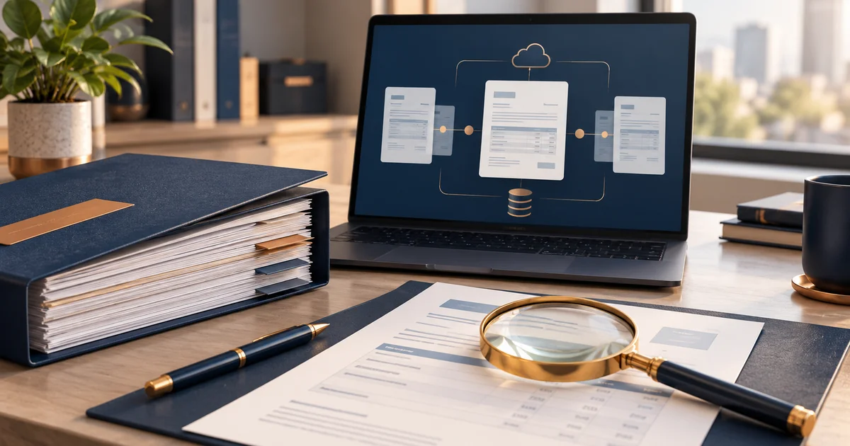 Expediente de proveedor, facturas digitales y lupa sobre una mesa de trabajo.